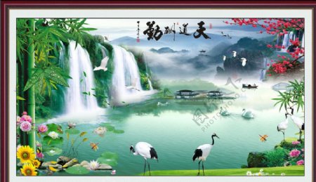 山水画瀑布天鹅鹤背景墙图片