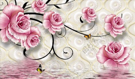 玫瑰花藤水波纹蝴蝶背景墙图片