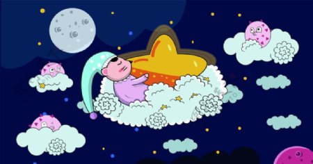 晚安主题卡通儿童插画图片