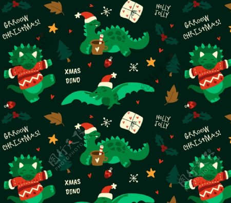 圣诞恐龙无缝背景图片