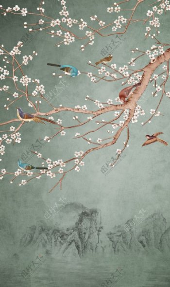 梅花花朵复古山水背景海报素材图片
