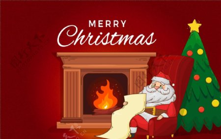 壁炉旁的圣诞老人图片