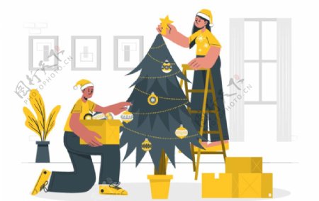 扁平圣诞树装饰插画图片