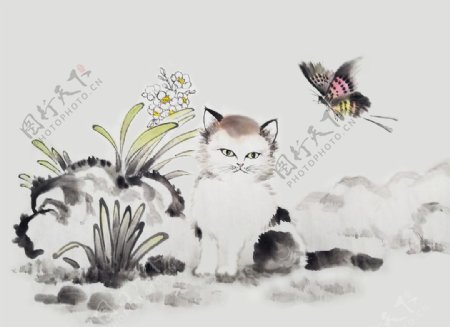 小猫蝴蝶水彩复古背景海报素材图片