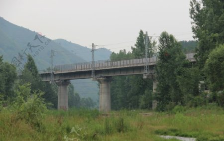 山火车桥梁小河绿色风景图片
