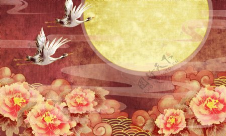 牡丹花朵仙鹤刺绣背景海报素材图片