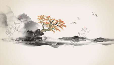 水墨山水树飞鸟背景墙图片