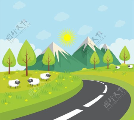 公路风景和绵羊图片