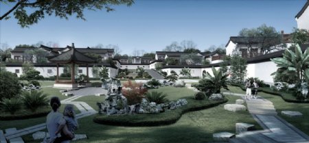中式庭院建筑景观效果图图片