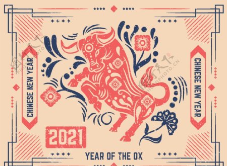 2021中国新年牛年复古海报图片