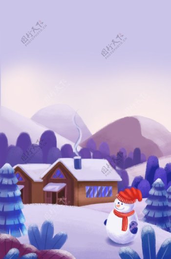 手绘圣诞节冬季山林小屋雪人雪景图片