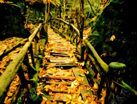 独木桥风景油画图片