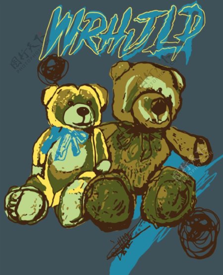 两只熊字体T恤裁片图片